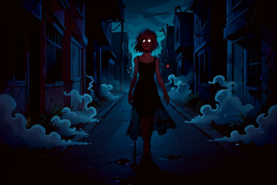 score_9, score_8_up, score_8_up,1girl, night club dress, walking along a deserted street in silent hill city, fog, smoke, unclear shadows of monsters in the depths of the fog, translucent images, fear, horror, silent hill,Sairento Hiru style,