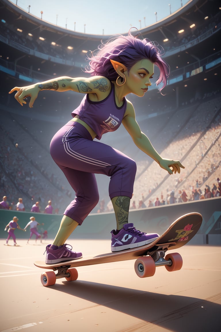 score_9,score_8_up,score_7_up,score_6_up, skateboarding event, 
goblin girl on large skateboad, number tag, leading competiton in background, stadium skateboard ramp , fast, view from side, paris, 2024, fantasy,green skin, purple bob hair, pointy ears, lots of earrings and ear piercings, tattoos, Olympic sportswear, short, dwarf, halfling,sports purple pants, sports purple top, purple sneakers, magical amulets on the arms and legs, amulets glow with magic, skateboard, correct skateboard,skate ramp,stworki