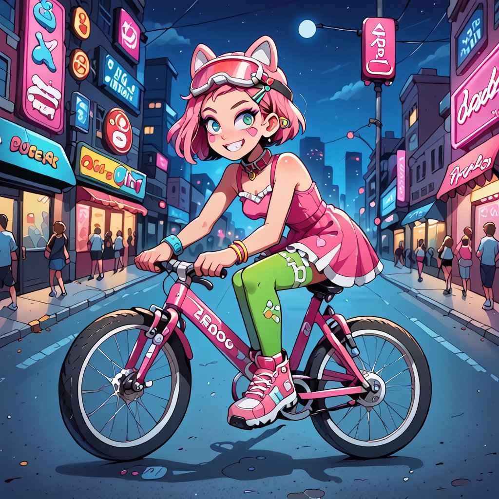 score_9, score_8_up, score_7_up, score_6_up, rating explicit, 1 girl riding a bicycle on the street,, 20 y o, decora girl, pastle-colored clothes, pink dress with frills to the knees, green tights, plump face, little breasts, disheveled bob hairstyle, pink hair, hairpins in the shape of beige dogs on the head ears, pill-shaped hairpins on the head, wide hips, a lot of bracelets on the hands, a lot of bracelets, a soft pink dog collar, pink ski goggles hanging on the neck, soft pink makeup, glitter on the cheeks, pink shoes,  smiling, sweet, beautiful ,c0l0urc0r3,BarbieCore, riding a bicycle on the street, city at night, night, neon lights, neon signs, background bokeh, night city lights,colorful,jewelry