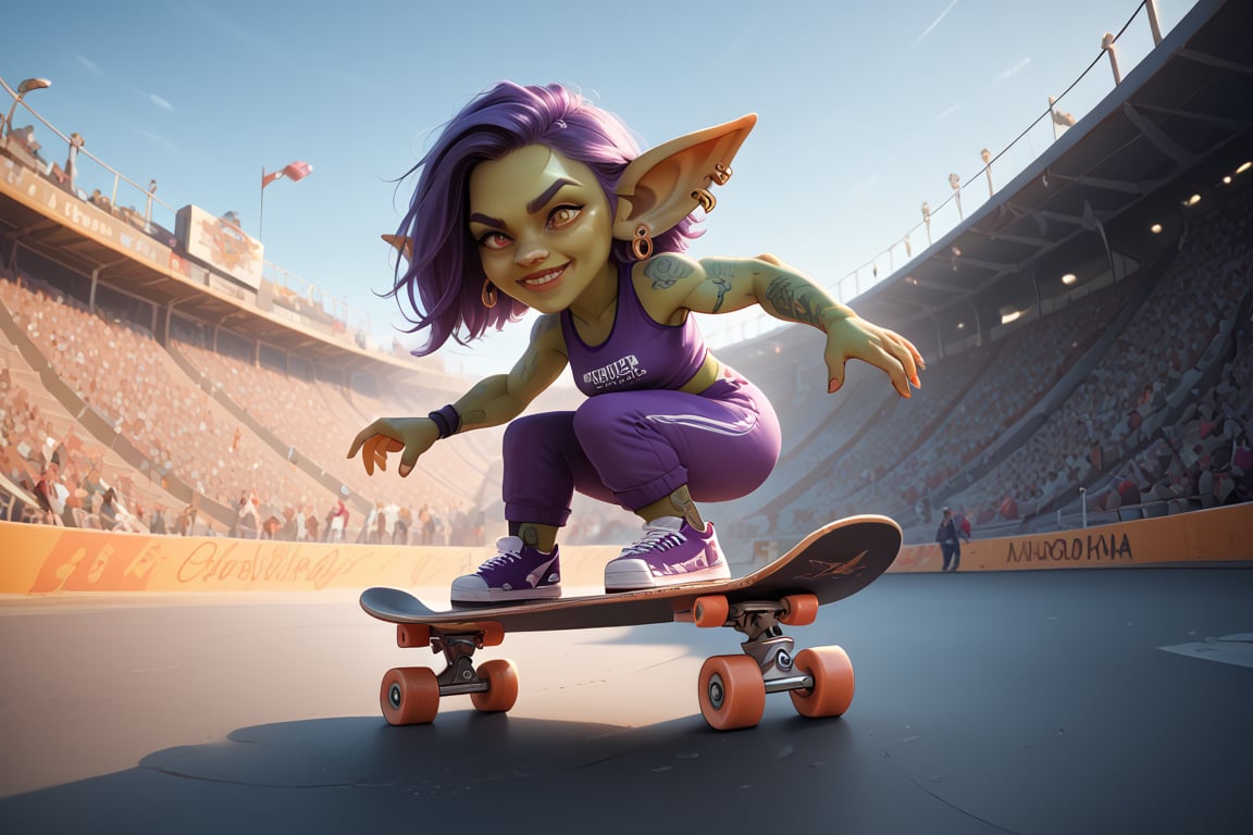 score_9,score_8_up,score_7_up,score_6_up, skateboarding event, 
goblin girl on large skateboad, number tag, leading competiton in background, stadium skateboard ramp , fast, view from side, paris, 2024, fantasy,green skin, purple bob hair, pointy ears, lots of earrings and ear piercings, tattoos, Olympic sportswear, short, dwarf, halfling,sports purple pants, sports purple top, purple sneakers, magical amulets on the arms and legs, amulets glow with magic, skateboard, correct skateboard,skate ramp,stworki,Goblin,short stature, shortstack, pointed ears