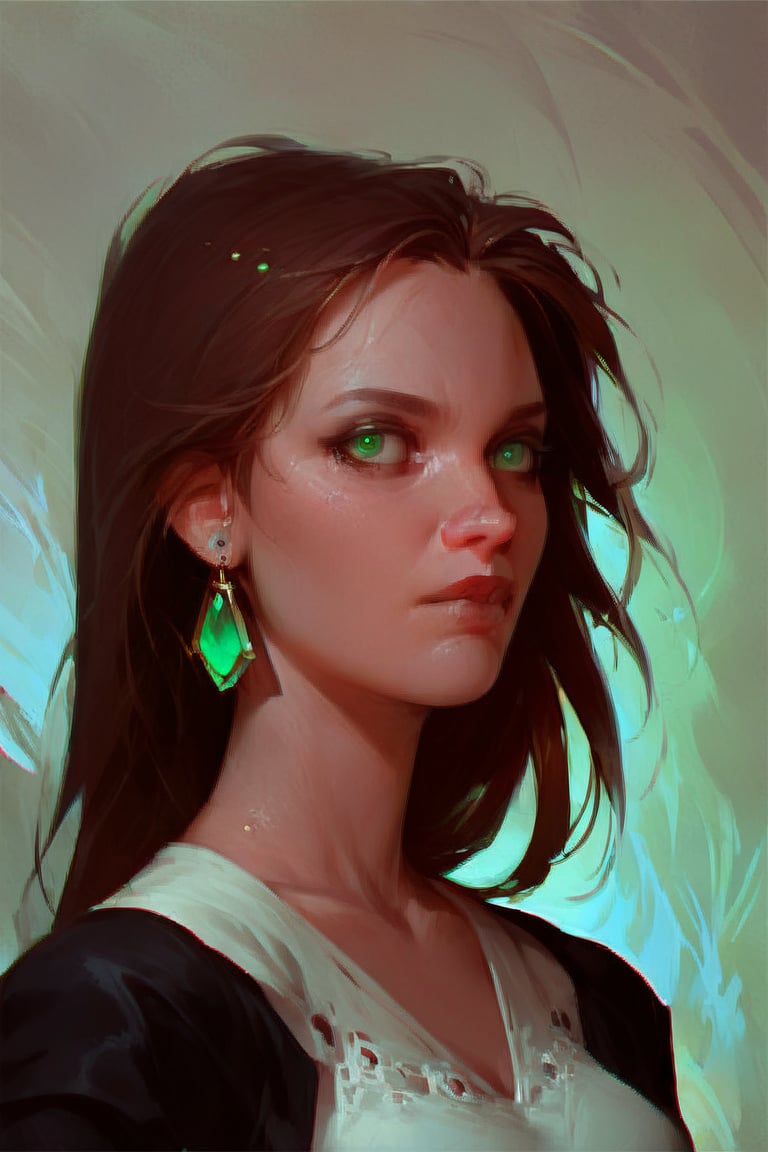 score_9, score_8_up, score_7_up, 1girl, Elena, brown hair, green eyes, portrait, chirch of pain on the background, Expressiveh, concept art, dark theme,