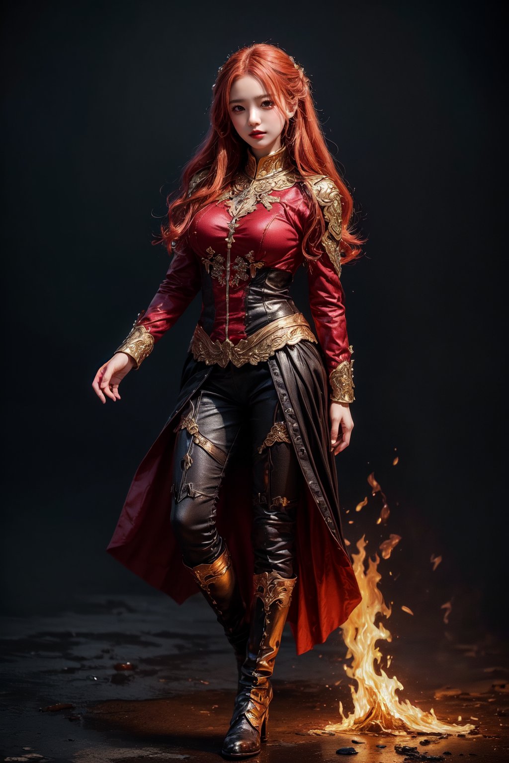 (masterpiece, high quality:1.5), (8K, HDR), masterpiece, best quality, 1girl, long red hair, solo, full_body, black background, FuturEvoLabFlame, 