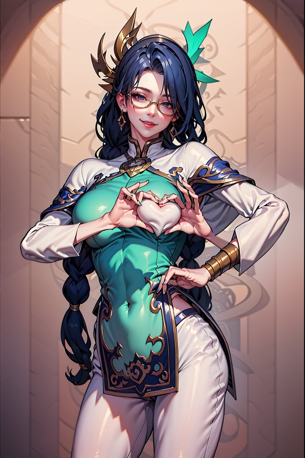 ,masterpiece,best quality,highres,
mlhg,1girl, solo, long hair, single braid,  head out of frame,large breast, looking at phone, smile, bangs, hair ornament, closed mouth, blue hair, (hair tied at the ends:1.5), yellow glasses, shiny, shiny hair, official alternate costume, parted bangs, shoulder armor, jewelry,yellow  glasses, lips,yellow semi-rimless eyewear,yellow under-rim eyewear, yellow-framed eyewear:1.2, red lips,white pants, aqua nails
,high heels, capelet,hat,horn,nail polish,(seductive smile:1.4), seductive smile
,Beautiful Beach,Pixel art,heart hands