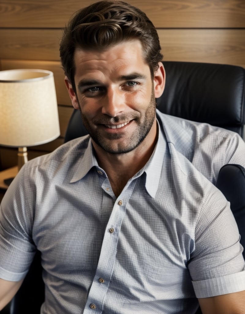 image of 1 man in suit and tie sitting in a chair on his office desk, retro office, 1970s, stock exchange, looking at the viewer, with his hands on the ground, crooked nose, european, biting his lips, seductive smile, hazel eyes, handsome, tanned muscular body, blushing, alluring, charming, mutton chops, romantic, homoerotic, 8k, masterpiece, mature, 35 years old, short hair, very hairy chest, dadcore, cute, light rays, very dramatic, cinema,dadcore,mutton chops,light rays,perfecteyes