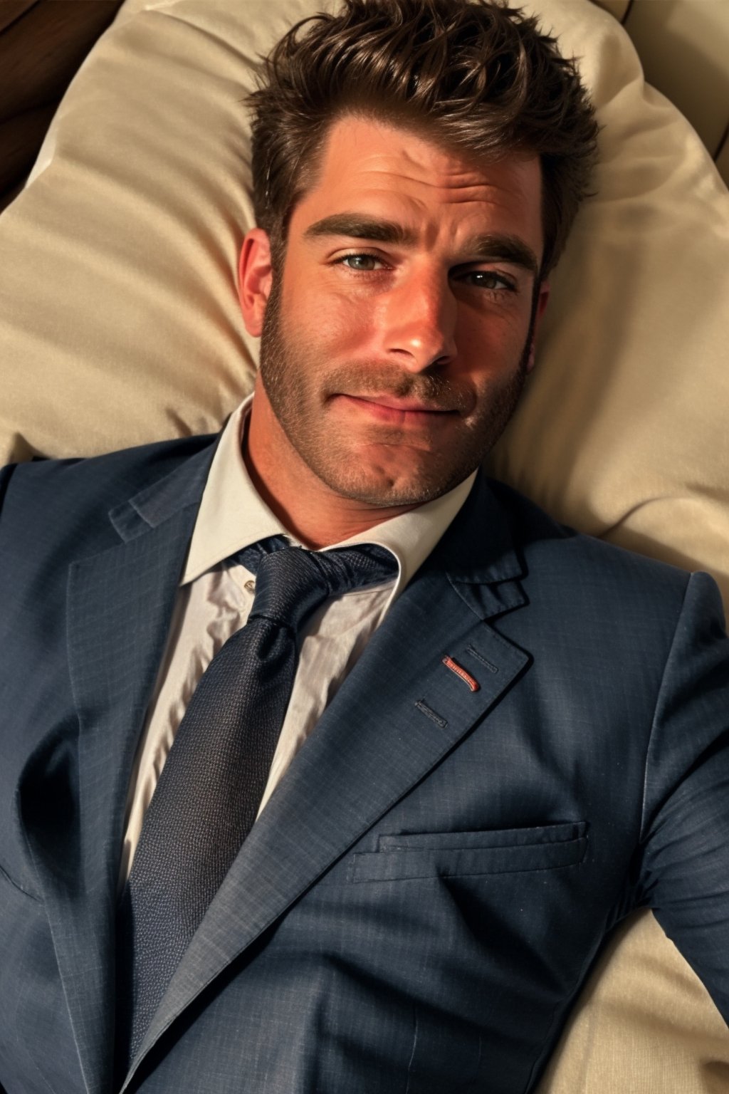 image of 1 man in suit and tie laying down on his back on a field of grass, looking at the viewer, with his hands on the ground, looking at him from above, crooked nose, european, biting his lips, seductive smile, hazel eyes, handsome, tanned muscular body, blushing, alluring, charming, mutton chops, romantic, homoerotic, 8k, masterpiece, mature, 35 years old, short hair, very hairy chest, dadcore, cute, light rays, very dramatic, cinema,dadcore,mutton chops,light rays,perfecteyes