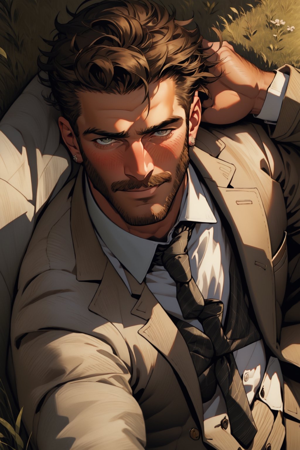 image of 1 man in suit and tie laying down on his back on a field of grass, looking at the viewer, with his hands on the ground, looking at him from above, crooked nose, european, biting his lips, seductive smile, hazel eyes, handsome, tanned muscular body, blushing, alluring, charming, mutton chops, romantic, homoerotic, 8k, masterpiece, mature, 35 years old, short hair, very hairy chest, dadcore, cute, light rays, very dramatic, cinema,dadcore,mutton chops,light rays,perfecteyes,handsome male