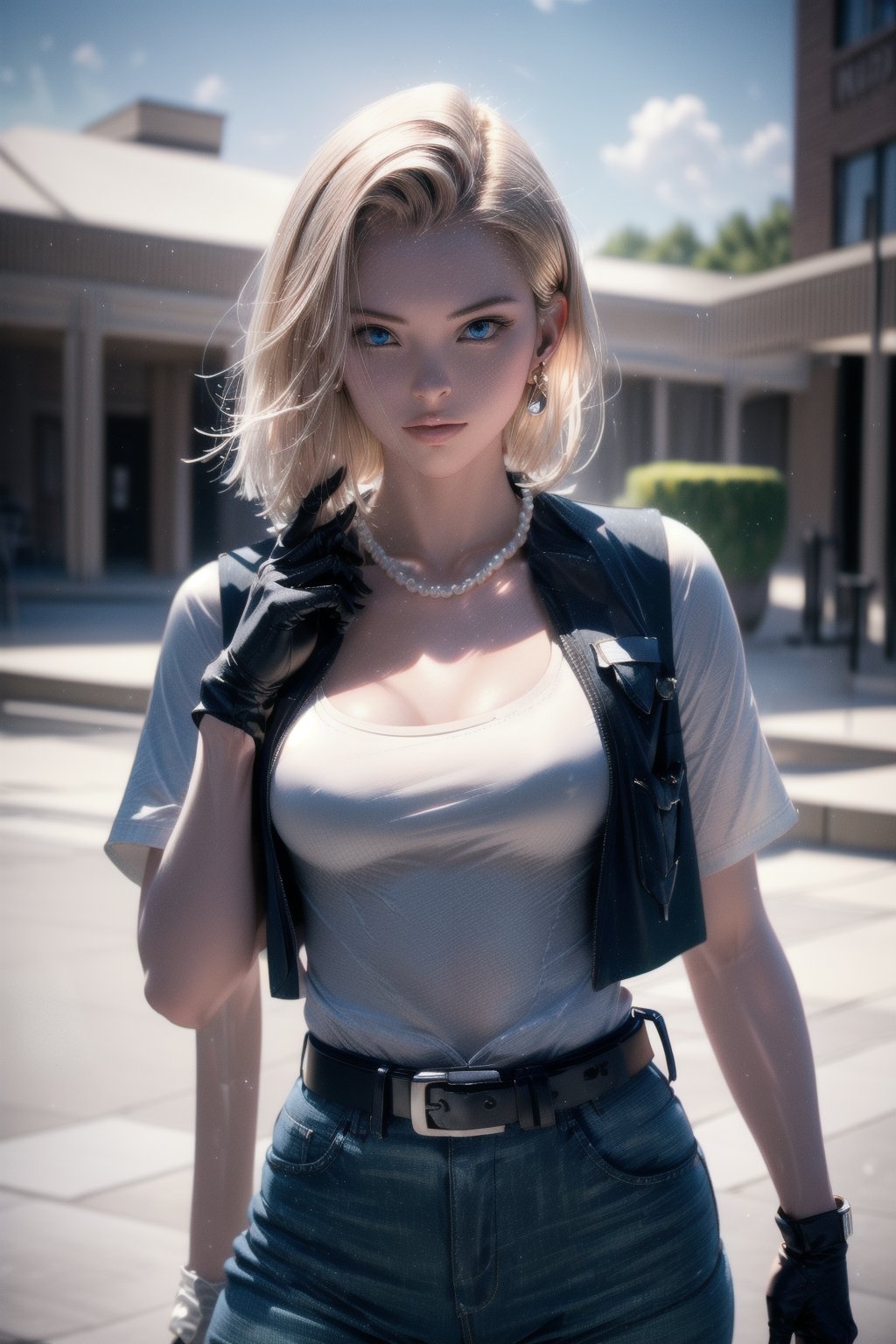 (RAW photo, best quality), (realistic, photo-Realistic:1.3), high resolution, and18, 1 girl, android 18, solo, blonde hair, short_hair, blue eyes, pretty eyes, belt, tight jeans, pearl necklace, bracelet,((black gloves)), (white shirt), short sleeves, earrings, pants blue, open vest, (black vest), (medium breasts),thin_waist,(wide hips), Android_18,1 girl,realhands,midjourney.,Nice legs and hot body