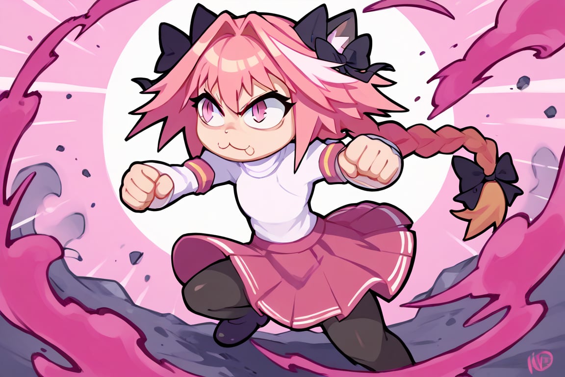 score_9, score_8_up, score_7_up, score_6_up, score_5_up, score_4_up, BREAK, 1girl, solo, necoarc, lit pupils, cat ears, (((pink hair, pink_eyes))), chibi, :3, turtleneck, fight_pose, astolfo_costume, purple skirt, pantyhose,NECOARC PINK HAIR,NECOARC BLONDE HAIR