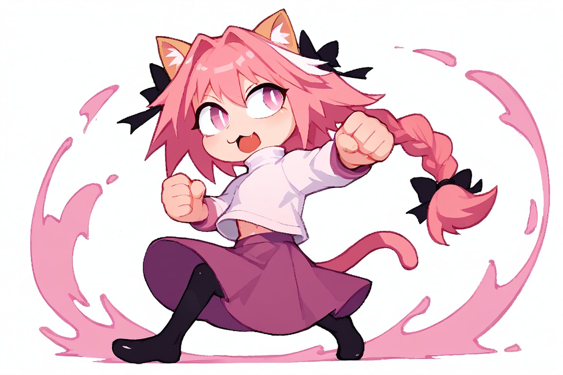 score_9, score_8_up, score_7_up, score_6_up, score_5_up, score_4_up, (((blank_background, white_background))), 1girl, solo, necoarc, lit pupils, cat ears, (pink hair, pink_eyes), chibi, :3, turtleneck, fight_pose, astolfo_costume, purple skirt, pantyhose,NECOARC PINK HAIR,NECOARC BLONDE HAIR