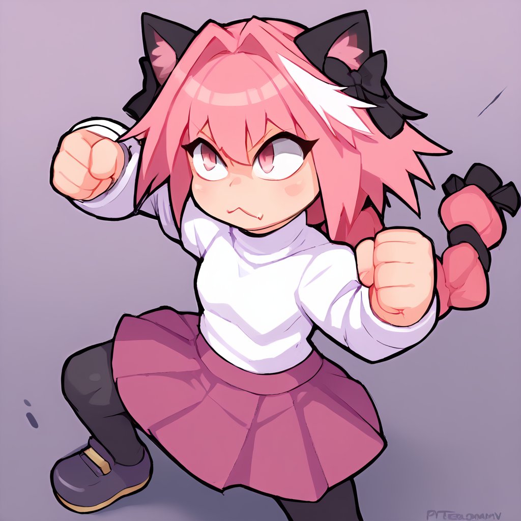 score_9, score_8_up, score_7_up, score_6_up, score_5_up, score_4_up, BREAK, 1girl, solo, necoarc, lit pupils, cat ears, (((pink hair, pink_eyes))), chibi, :3, turtleneck, fight_pose, astolfo_costume, purple skirt, pantyhose,NECOARC PINK HAIR,NECOARC BLONDE HAIR