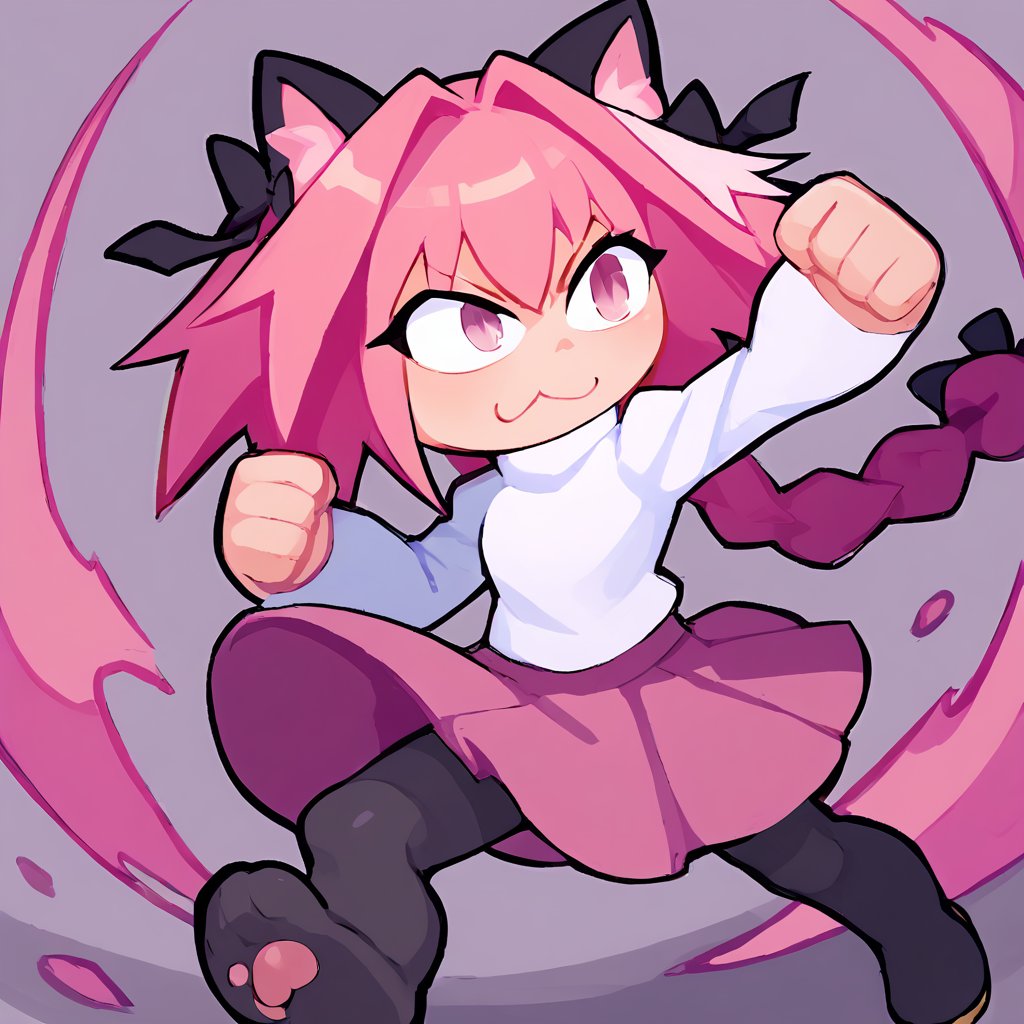 score_9, score_8_up, score_7_up, score_6_up, score_5_up, score_4_up, BREAK, 1girl, solo, necoarc, lit pupils, cat ears, (((pink hair, pink_eyes))), chibi, :3, turtleneck, fight_pose, astolfo_costume, purple skirt, pantyhose,NECOARC PINK HAIR,NECOARC BLONDE HAIR