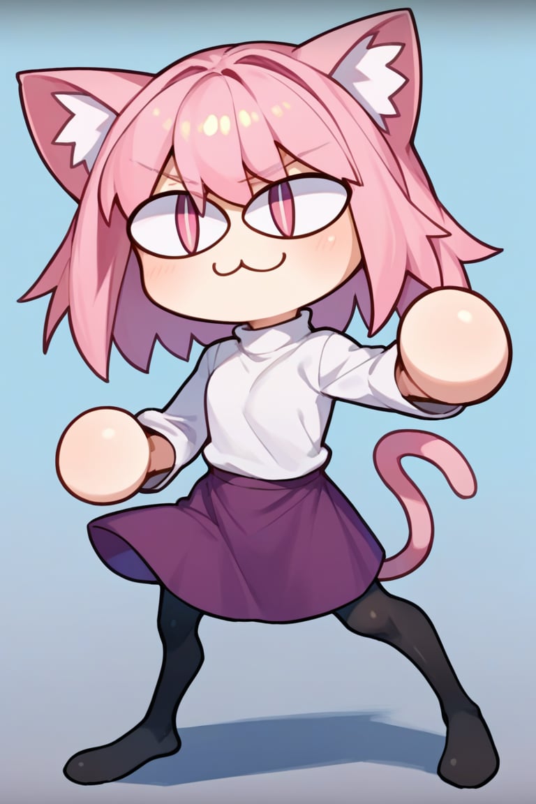 score_9, score_8_up, score_7_up, score_6_up, score_5_up, score_4_up, BREAK, 1girl, solo, necoarc, lit pupils, cat ears, (((pink hair, pink_eyes))), chibi, :3, turtleneck, fight_pose, serious_eyes, shy_smile, purple skirt, pantyhose,NECOARC PINK HAIR