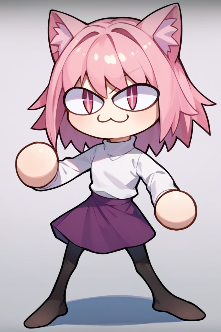 score_9, score_8_up, score_7_up, score_6_up, score_5_up, score_4_up, BREAK, 1girl, solo, necoarc, lit pupils, cat ears, (((pink hair, pink_eyes))), chibi, :3, turtleneck, fight_pose, serious_eyes, shy_smile, purple skirt, pantyhose,NECOARC PINK HAIR