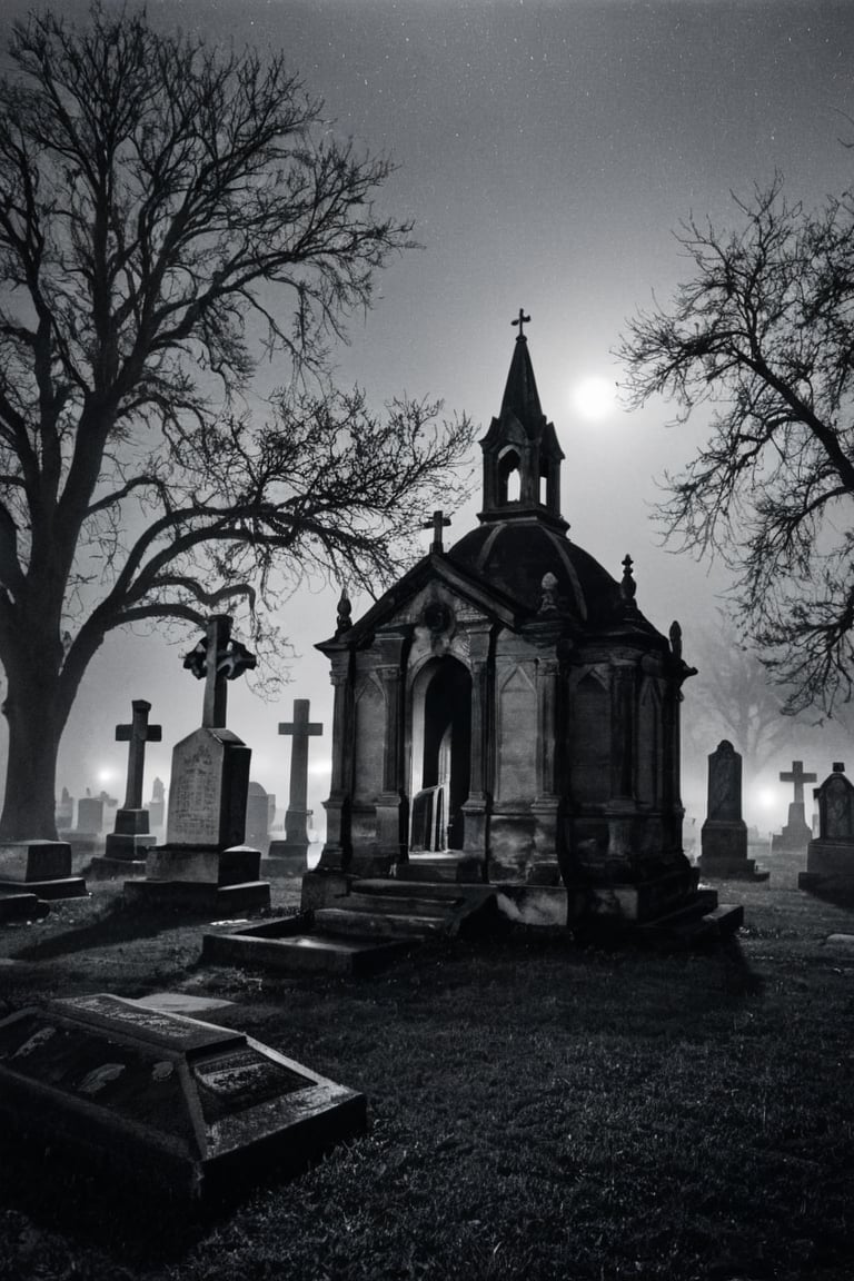 vintage, black metal style vintage distressed black and white xerox of an evil cemetery at night with fog sorrounding the graves, seen from below, {{{masterpiece}}}, best quality, {{top quality}}, (black metal album cover), black and white pencil ansel adams picture of the experience of madness in the context of depression