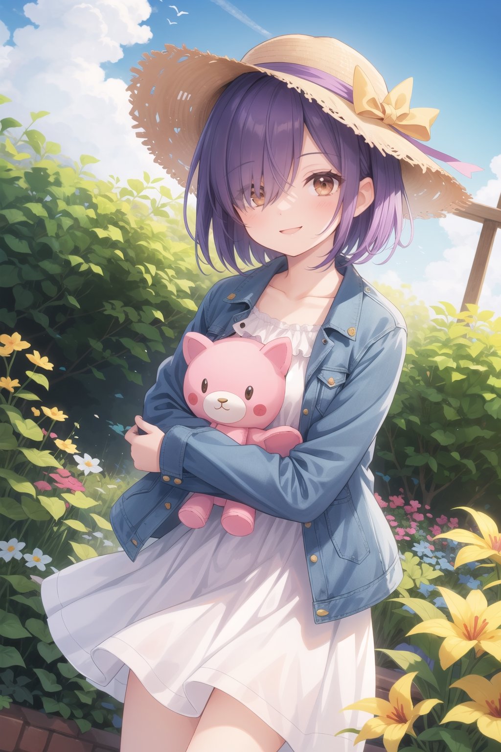 1girl,solo,short hair,purple hair,brown eyes,hair over one eye,happy,smile,sundress,sunhat,jacket,denim jacket,open jacket,garden,cute pose,hugging a toy,plushie,cowboy shot,dutch angle