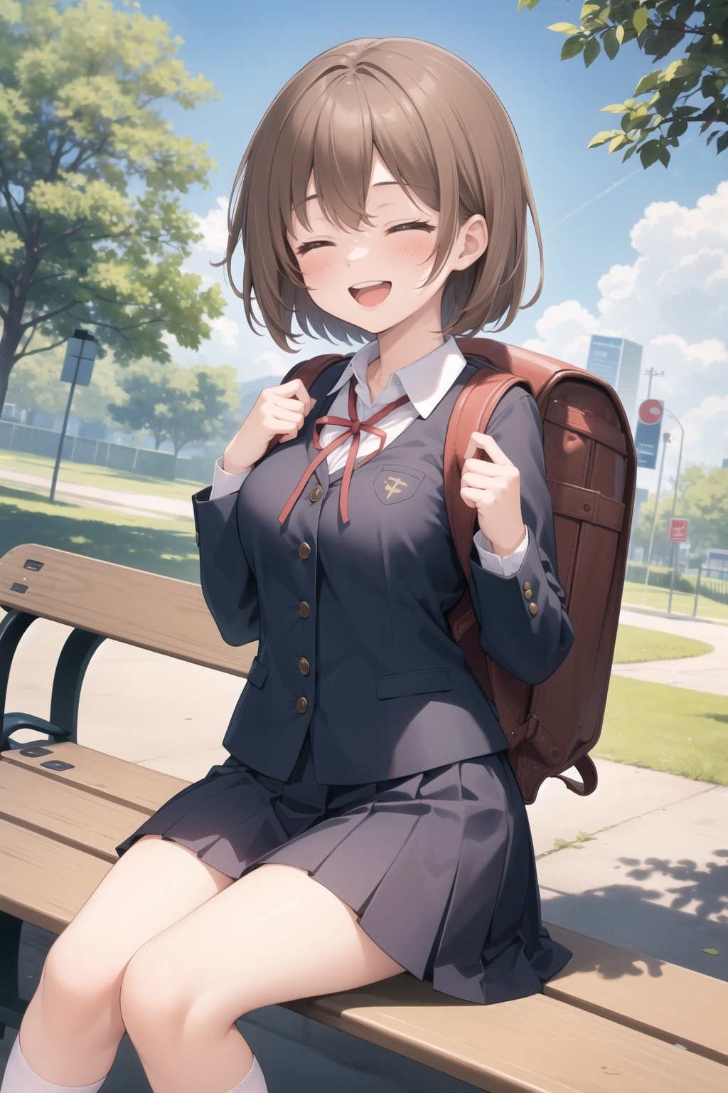 1girl,light brown hair,slim,medium breasts,ultra cute girl,smile, laugh, open mouth, closed eyes,backpack,school girl uniform,park,bench,tree,sitting,day,blue sky,dutch angle,sharp focus