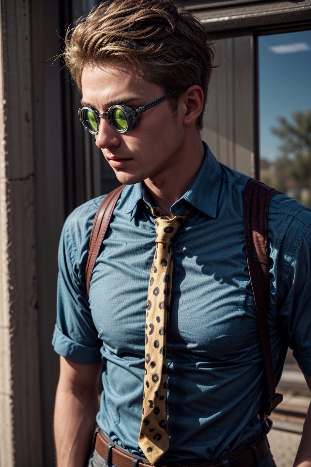 solo, short hair, blonde hair, shirt, 1boy, closed mouth, upper body, male focus, necktie, collared shirt, dress shirt, suspenders, blue shirt, animal print, goggles, round eyewear, yellow necktie, leopard print, nanami kento