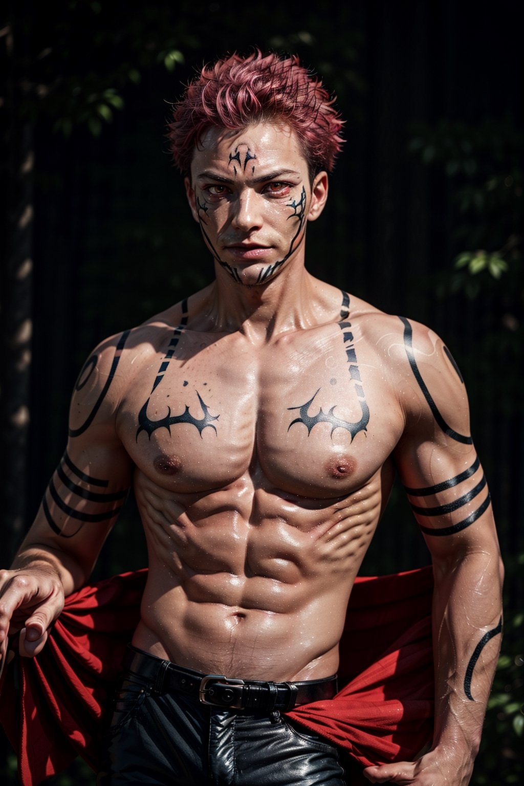 masterpiece, best quality, ultra-detailed, texture, detail eyes,8k, 1boy, Sukuna, a man with pink hair and no shirt, ((red eyes)) tattoo_ryoumen, black pants, tattoo_on_his_face, tattoo on the body, looking at the viewer, detailed eyes, detailed face, extra eyes (masterpiece:1.4),(best quality:1.4),((realistic))
