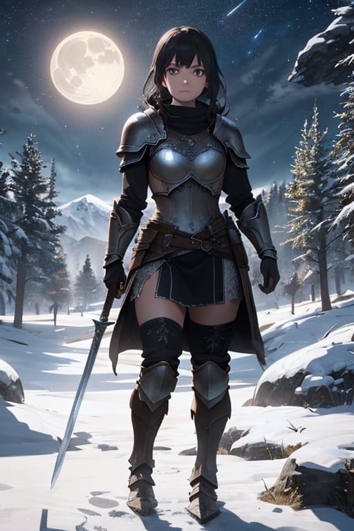 high quality, very detailed, HD,full body,  a woman wearing armor from the world of Skyrim. The woman is a fearless warrior, with long dark hair and a determined gaze. Her armor is inspired by the legends of Skyrim, with intricate details and a rugged appearance. She wields a sword or a bow, ready to face the challenges of the icy lands of Tamriel. Around her, a landscape of snow-capped mountains and towering pine trees, with a starry sky above. The moonlight reflects off the metallic pieces of the armor, creating a dramatic contrast with the shadows of the night. What is the story of this Skyrim warrior? What epic adventures is she destined to live in this fantasy world,yukino yukinoshita