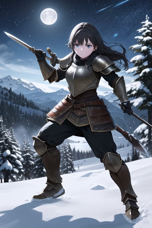 high quality, very detailed, HD,full body,  a woman wearing armor from the world of Skyrim. The woman is a fearless warrior, with long dark hair and a determined gaze. Her armor is inspired by the legends of Skyrim, with intricate details and a rugged appearance. She wields a sword or a bow, ready to face the challenges of the icy lands of Tamriel. Around her, a landscape of snow-capped mountains and towering pine trees, with a starry sky above. The moonlight reflects off the metallic pieces of the armor, creating a dramatic contrast with the shadows of the night. What is the story of this Skyrim warrior? What epic adventures is she destined to live in this fantasy world,yukino yukinoshita