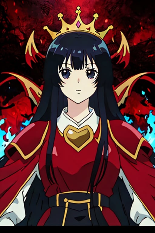 high quality, very detailed, hd,full body,anime girl with long black hair and black, and red armor, anime look of a cute girl, yumiella dolkness,anime image Villainess Level 99: I May Be the Hidden Boss but I'm Not the Demon Lord, king hino as princess, best anime girl