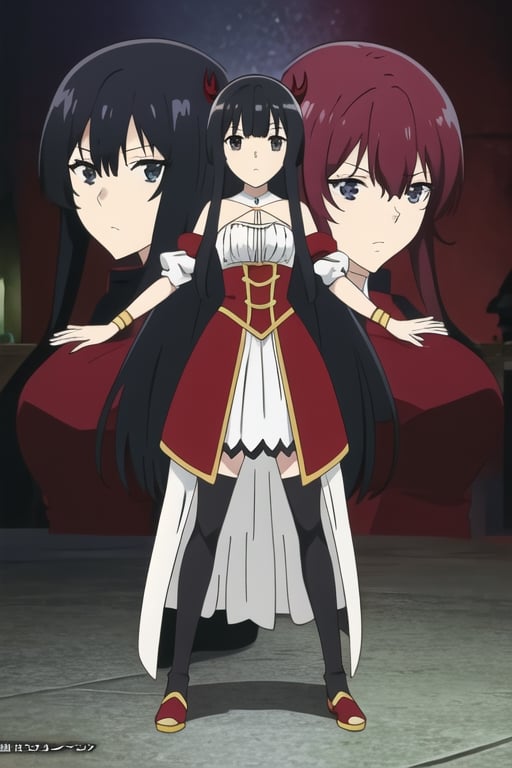 a little girl,full body,anime girl with long black hair and black and red armor, anime look of a cute girl, yumiella dolkness,anime image Villainess Level 99: I May Be the Hidden Boss but I'm Not the Demon Lord, king hino as princess, best anime girl,loli,yumiella