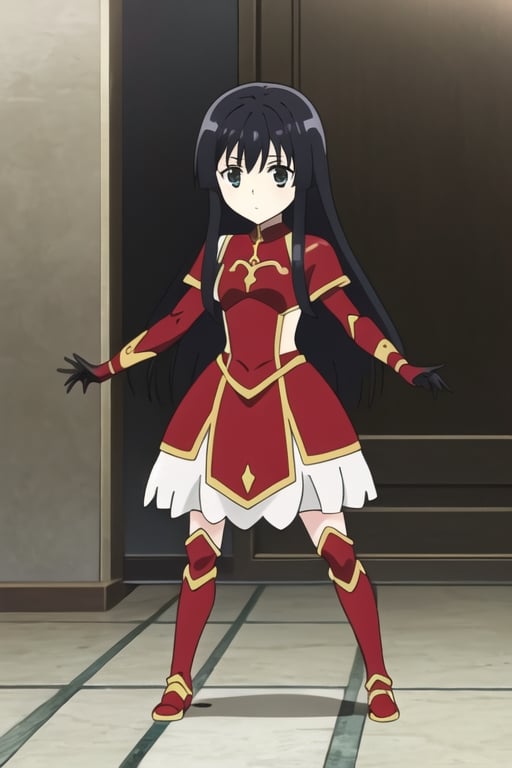 a little girl,full body,anime girl with long black hair and black and red armor, anime look of a cute girl, yumiella dolkness,anime image Villainess Level 99, best anime girl,loli,yumiella