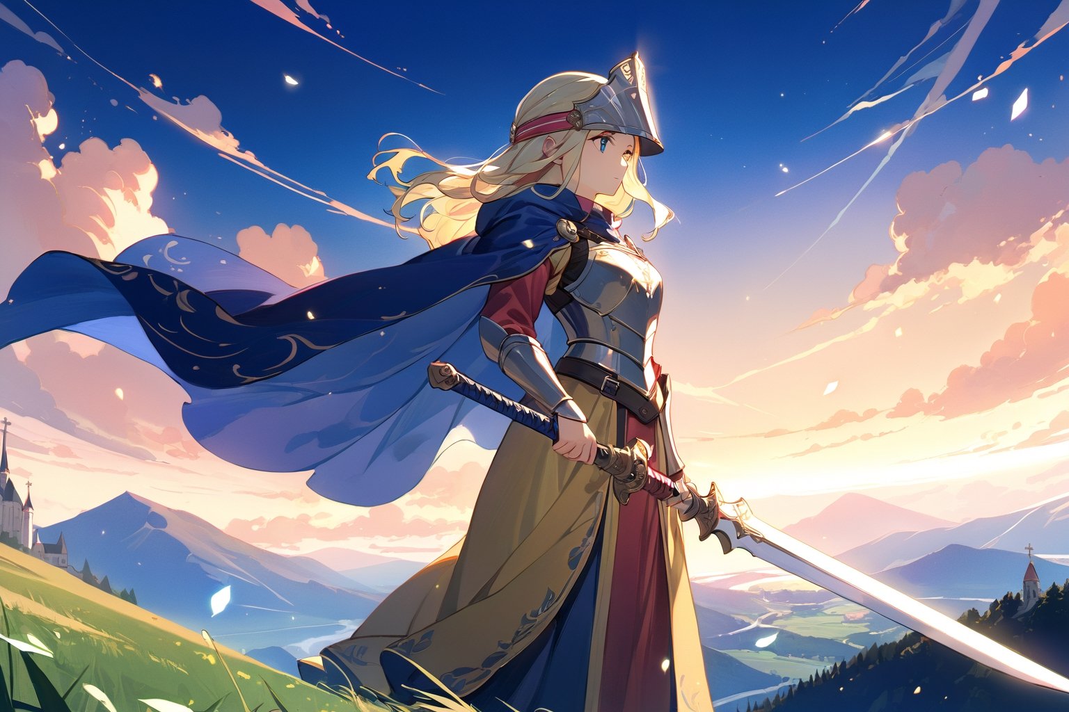 Highly detailed, high quality, very beautiful, At the top of a steep hill, against the twilight horizon, an imposing figure stands with majesty. A woman, wearing full armor, stands at the highest point of the terrain, gazing determinedly into the valley below. Her helmet is adorned with intricate details, with a visor that reveals only her resolute eyes, shining with the golden light of the setting sun. Her armor, polished to an impeccable shine, is a masterpiece of craftsmanship, each plate meticulously forged to offer maximum protection without compromising mobility. Each piece gleams as it reflects the last rays of sunlight, creating a striking contrast with the somber landscape around her. In her right hand, she holds a longsword, whose gleaming blade seems eager to challenge any adversary that dares to cross her path. In the left, a shield adorned with a familiar crest, symbol of her lineage and heritage. The wind gently stirs the cape that envelops her shoulders, highlighting her firm and confident posture. She is a fearless warrior, a defender of her realm and her people, ready to face any challenge that fate may hold. Around her, the medieval scenery unfolds in all its grandeur. Castle towers rise against the orange-tinted sky, while verdant fields stretch as far as the eye can see. The distant sound of church bells and the clashing of swords echo through the air, reminding her of the constantly conflicted world she has sworn to protect. In this solemn moment, she prepares to descend the steep slope toward the valley below, where destiny awaits with its challenges and dangers. But she does not falter; her heart is filled with courage and determination, ready to face any battle that life may present her,golden-colored clothing
,fern