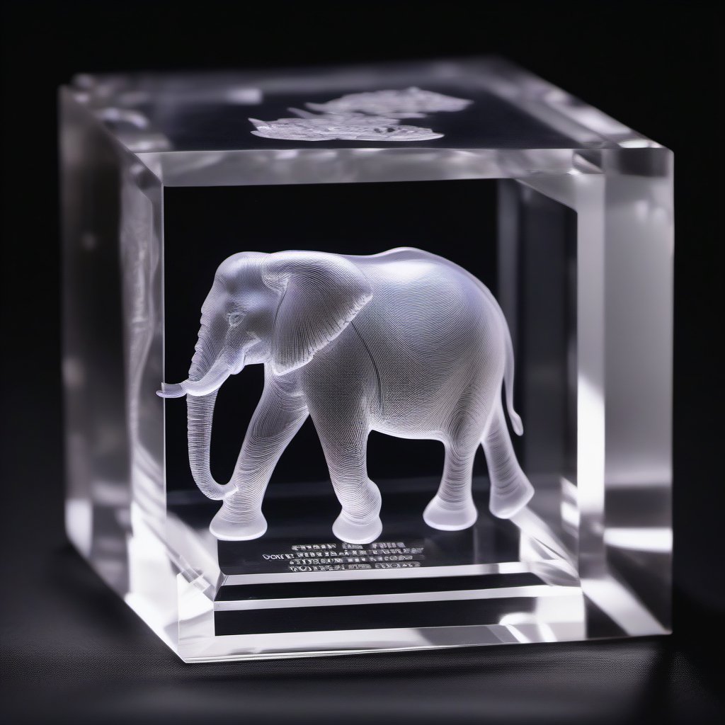 An engraved bt laser  elephant inside a crystal bloc