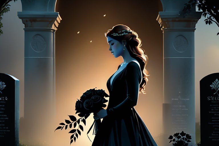 Full body portrait, beautiful grieving bride wearing a black flowing gown holding a bouquet of beautiful black roses standing in front of a large headstone crying and looking at the name of the man she loved on it