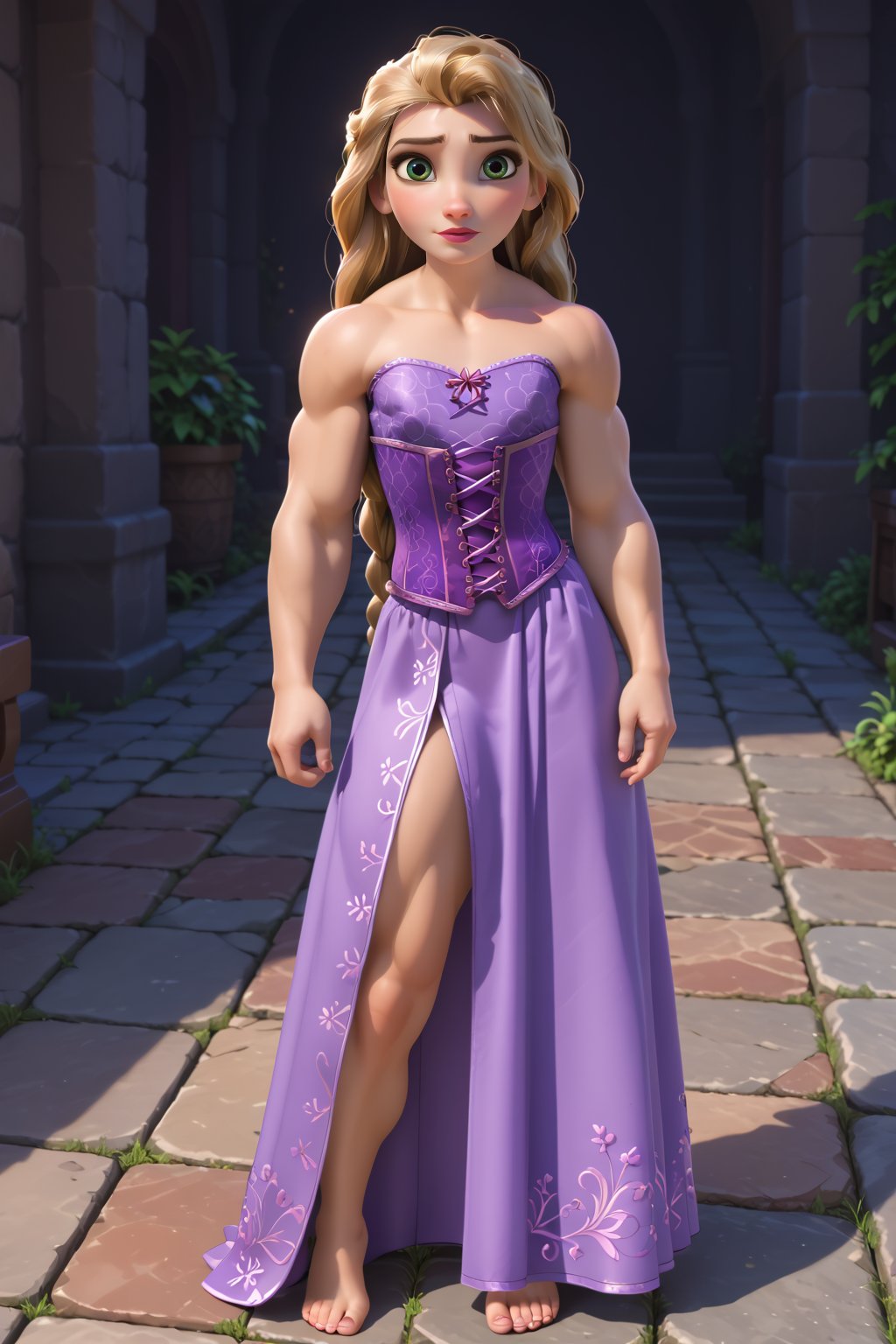 score_9,score_8_up,score_7_up, very muscular girl Tangled, ((flat chest)), purple princess dress, light purple corset, long wide dark purple skirt lanyards with pink patterns, barefoot, full body, very strong arms, very strong long legs, very strong calves, very strong pectorals, pretty face, fine face, green eyes, (((10m long blond hair))). fine details, 8k