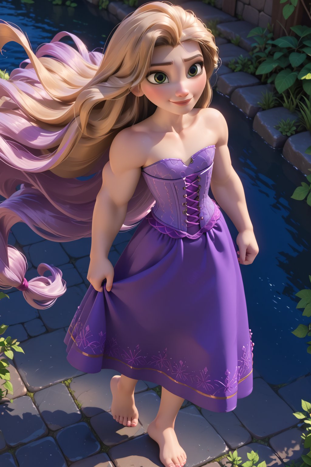 score_9,score_8_up,score_7_up, very muscular girl Tangled, ((flat chest)), purple princess dress, light purple corset, long wide dark purple skirt lanyards with pink patterns, barefoot, full body, very strong arms, very long legs, very strong calves, very strong pectorals, pretty face, fine face, green eyes, (((blond hair))), (((((very long 40ft hair falling to the ground))))). fine details, 8k