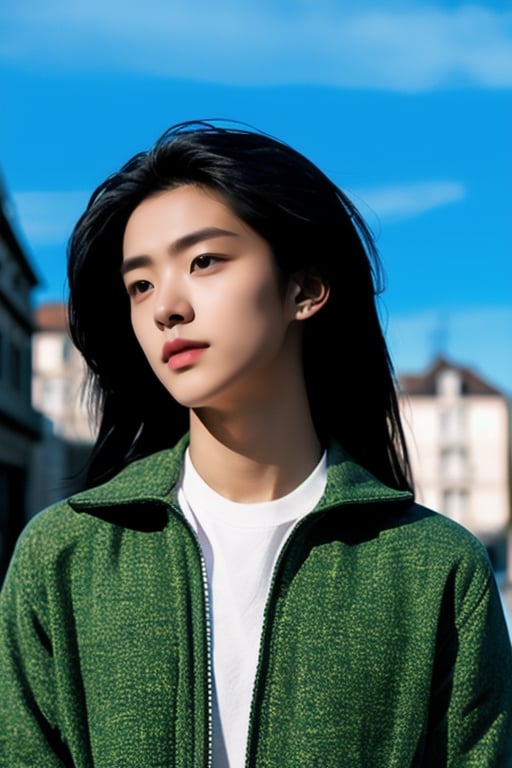 high quality, high definition, masterpiece beautiful,long hair, black hair,exterior,blue_sky,green_jacket