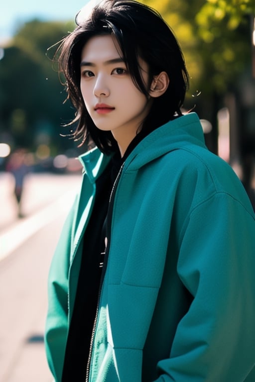 high quality, high definition, masterpiece beautiful,middle hair, black hair,exterior,blue_sky,green_jacket