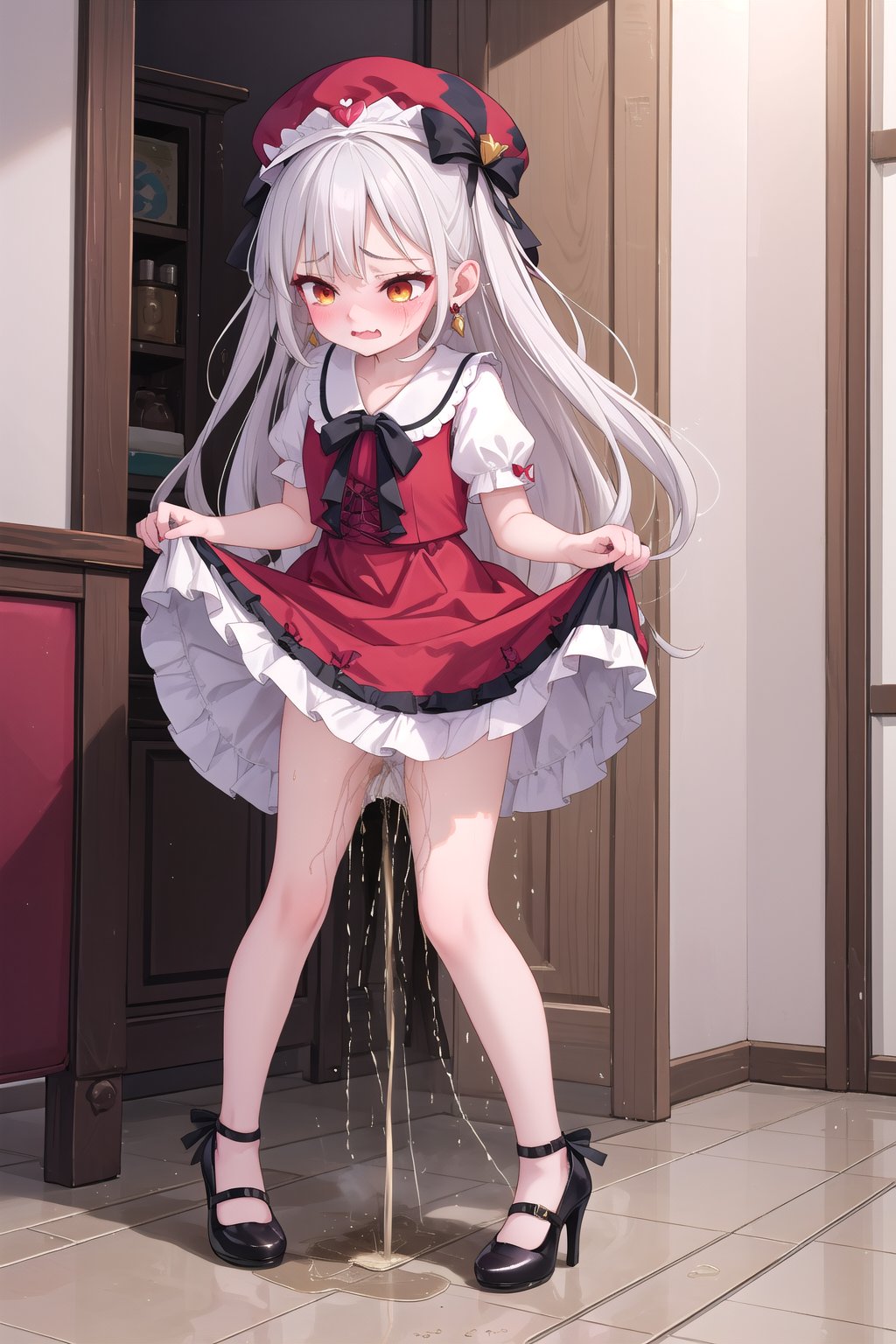 2 woman, two tone white hair, red day of the lolita short dress,dress lift , pubic hair,tiny lolita hat,((peeing stain)), worried, standing  ,:3,tiara,big hoop earring,legs spread ,open mouth, lolita cute high heels,red eyeshadow,