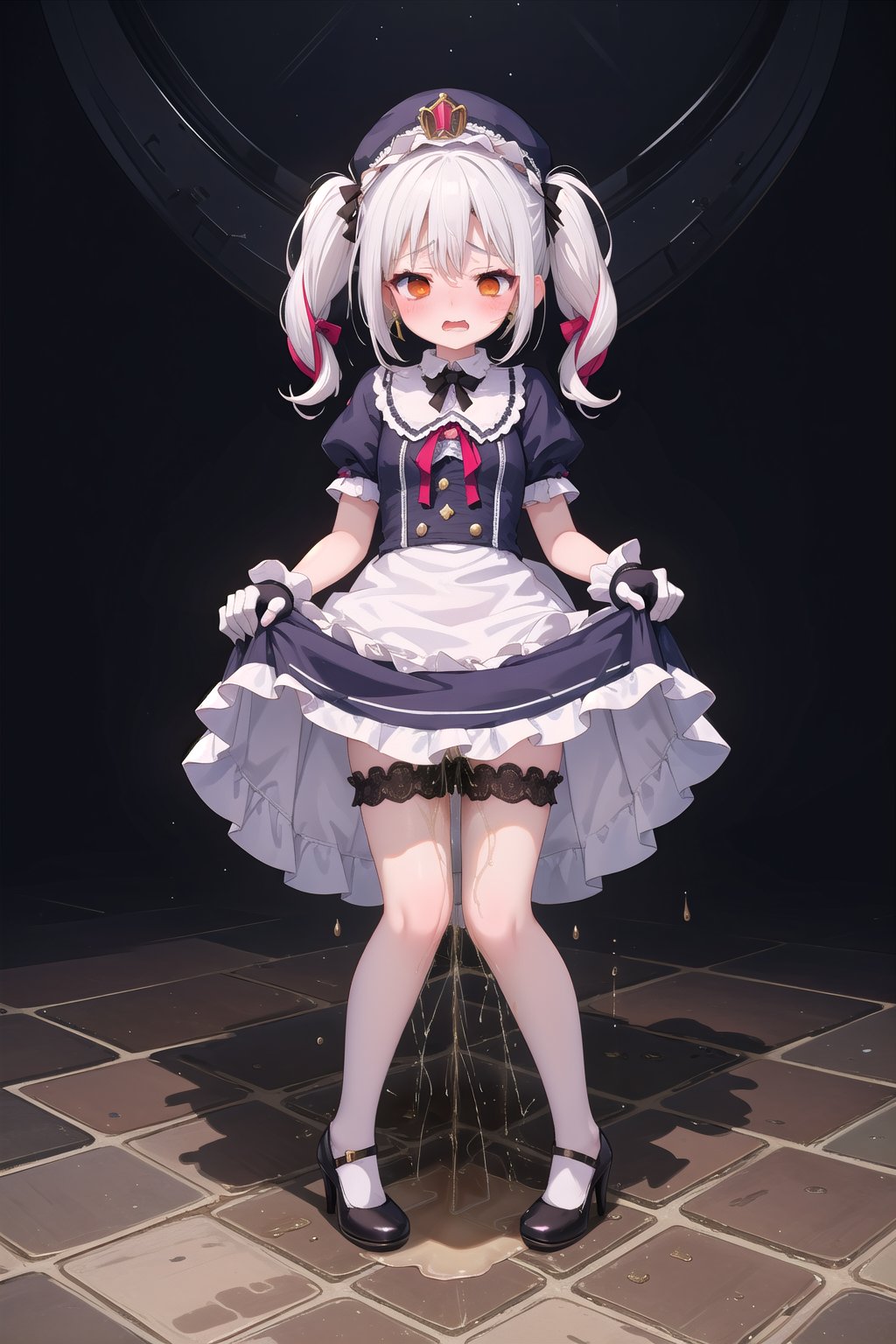 2 woman, two tone white hair, glittering day of the lolita short dress,dress lift , pubic hair,tiny lolita hat,((peeing stain)), worried, standing  ,:3,tiara,big hoop earring,legs spread ,open mouth, lolita cute high heels,red eyeshadow,lacy ribbon gloves