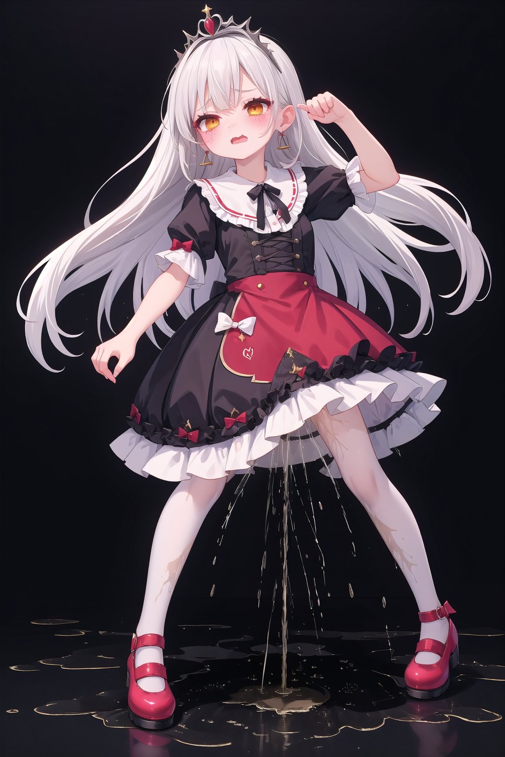 woman, white hair, red day of the lolita short dress, ((peeing stain)), worried, standing  ,:3,tiara,big hoop earring,legs spread ,open mouth, lolita cute shoes,red eyeshadow,