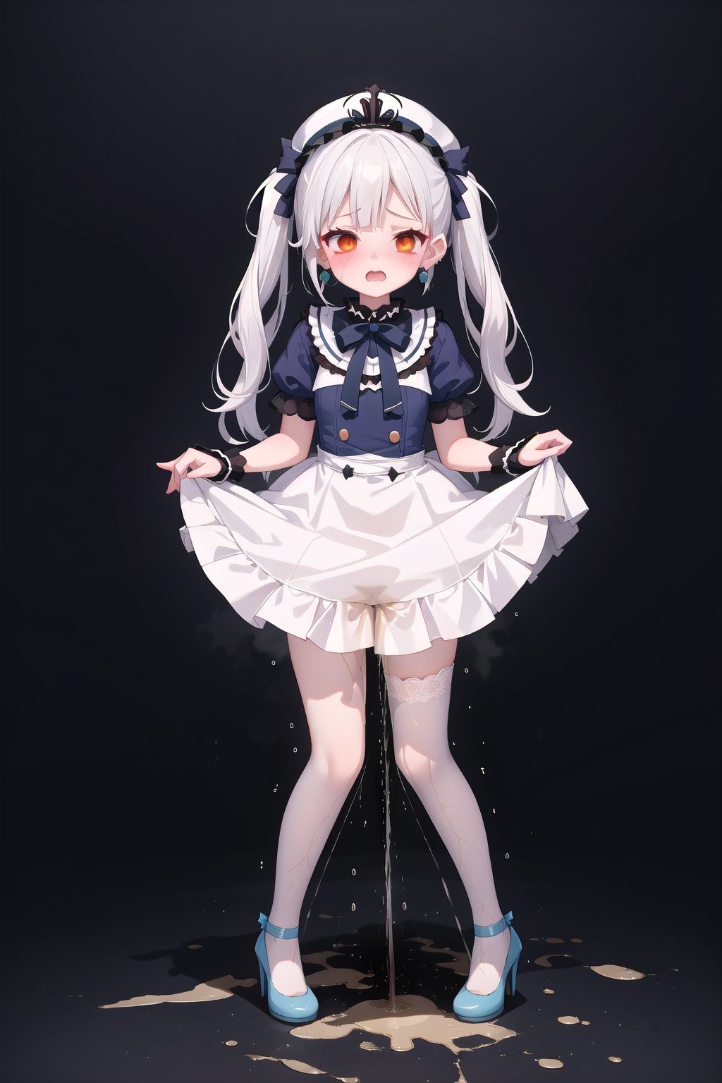 2 woman, two tone white hair, glittering day of the lolita short dress,dress lift , pubic hair,tiny lolita hat,((peeing stain)), worried, standing  ,:3,tiara,big hoop earring,legs spread ,open mouth, lolita cute high heels,red eyeshadow,lacy ribbon gloves