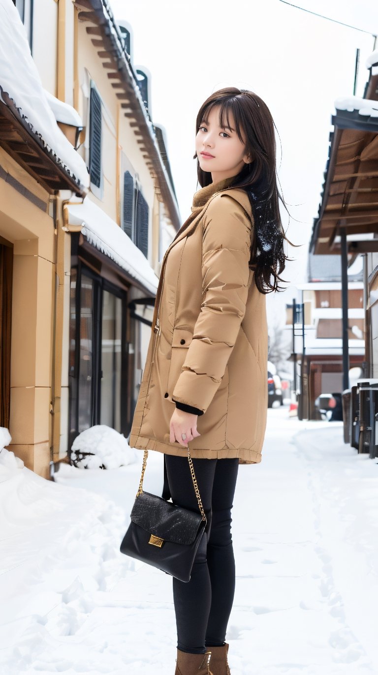 Beautiful and delicate light, (beautiful and delicate eyes), pale skin, big smile, (brown eyes), (black long hair), dreamy, medium chest, woman 1, (front shot), Korean girl, bangs, soft expression, height 170, elegance, bright smile, 8k art photo, realistic concept art, realistic, portrait, necklace, small earrings, handbag, fantasy, jewelry, shyness, skirt, winter down parka, scarf, snowy street, footprints,perfect