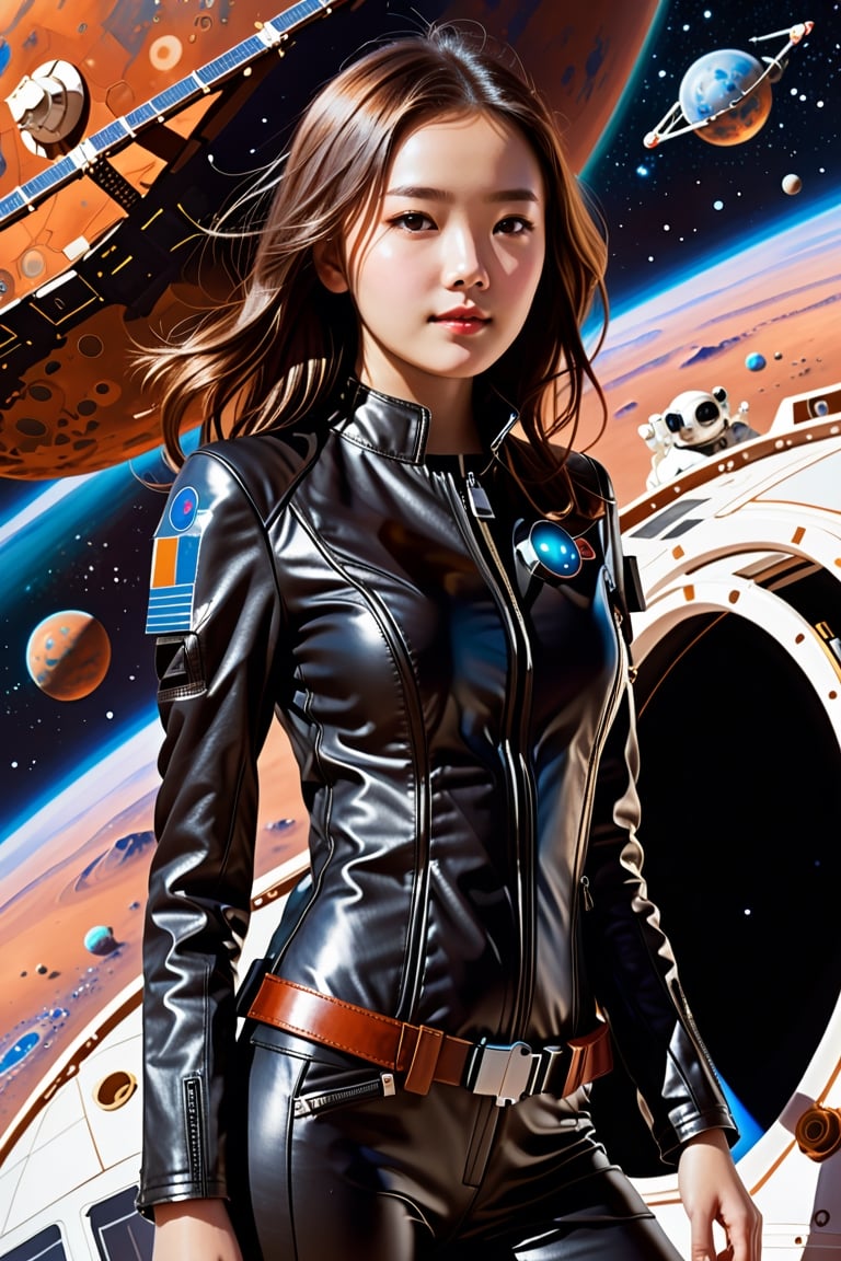 tiny_girl, 1girl,petite, skinny, Portrait Of beautiful brown haired girl wearing black leather suit with perky breasts surrounded by spacecraft on the mars, art by Mike Mayhew and Mark brooks and Ross Tran 8K Resolution,Extremely Realistic, sm,t4ni4