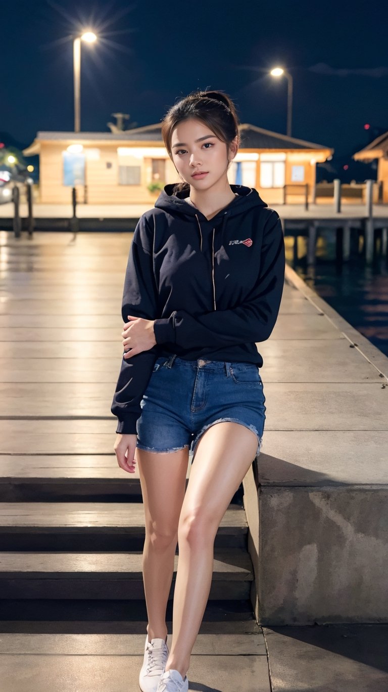 (RAW photo, best quality), (realistic),photo, masterpiece, 1girl,  ponytail, looking at viewer, hoodies, jacket, shorts, at night outdoor, harbor, street, full body, (light smile:0.7),blush, long shot,photorealistic,