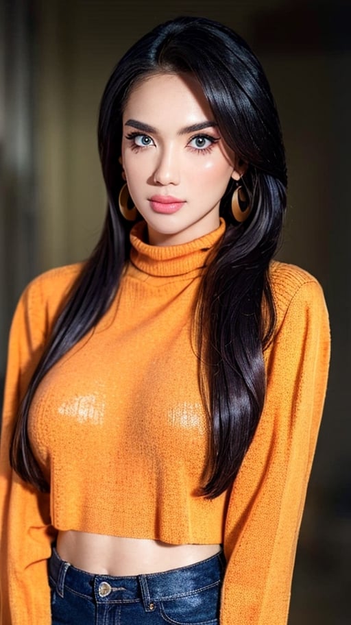 1girl, beautiful face, earrings, (portrait photoshot), wearing (orange turtleneck sweater:1.2) up to her chin, short dark hair, (simple plain background),pimple,Angel