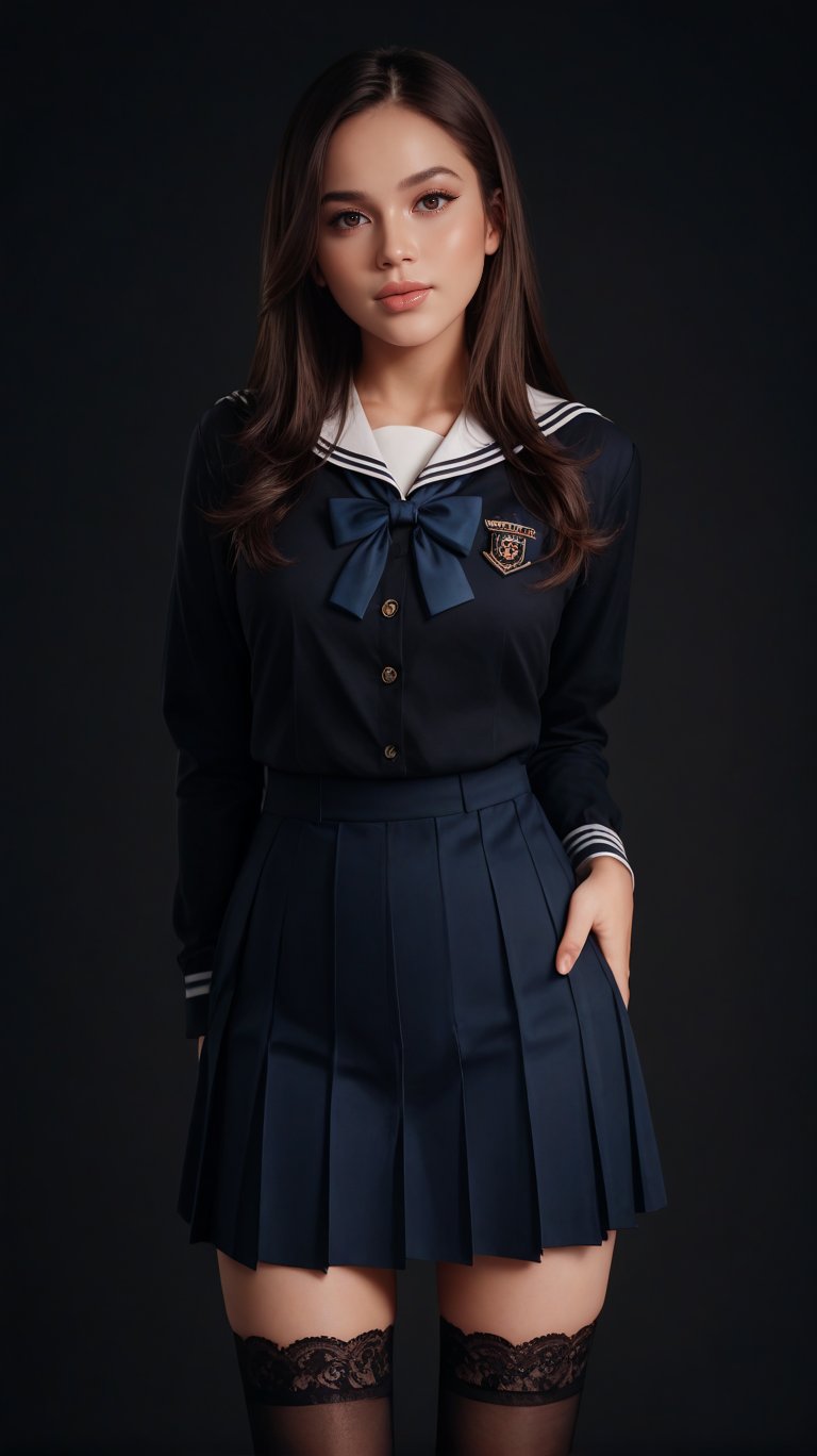 score_9, score_8_up, score_7_up, realistic, high res image, masterpiece, best quality, girl, cute, fair skin, brown shiny long hair, ultra detailed eyes, thick lips, dark background, school uniform, white long sleves shirt, navy skirt, black lace leg wear, black lace thighhigh,