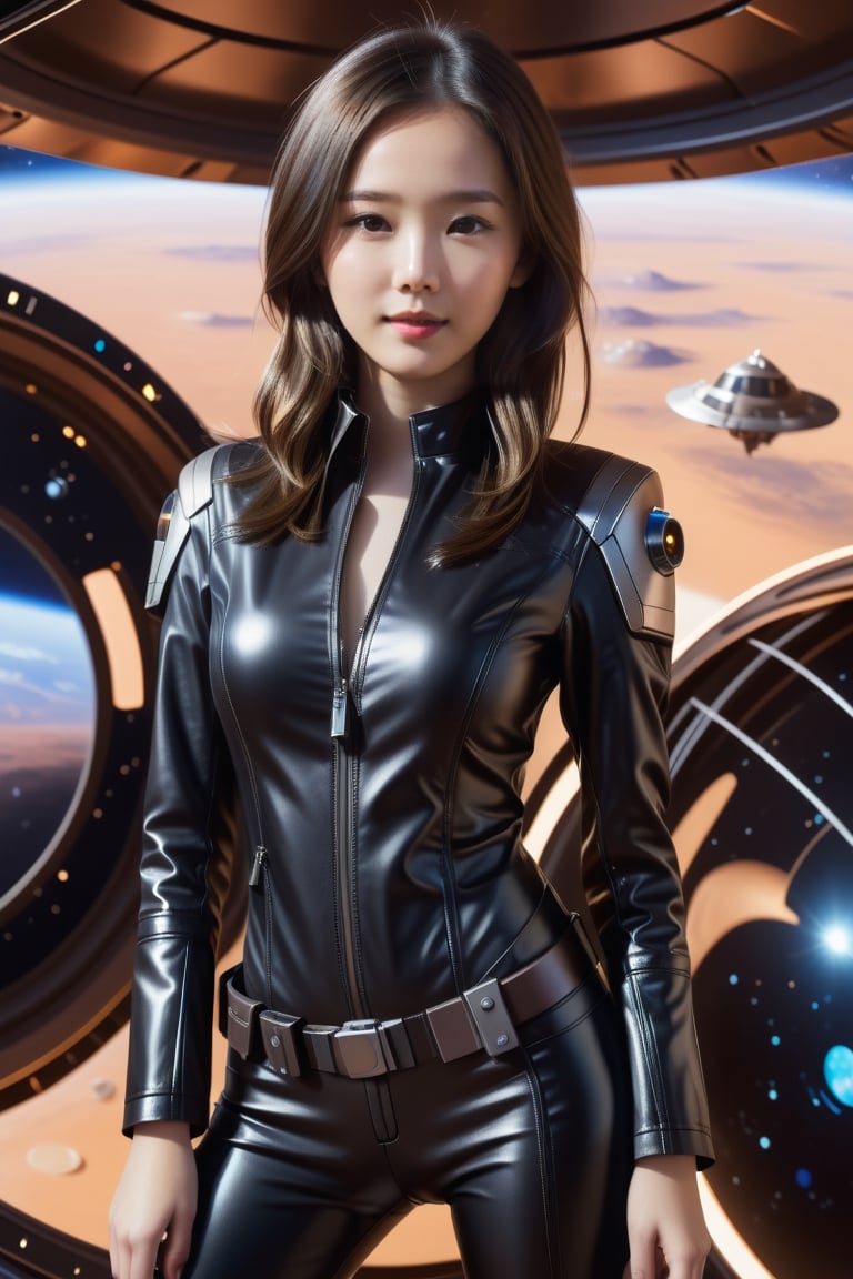 tiny_girl, 1girl,petite, skinny, Portrait Of beautiful brown haired girl wearing black leather suit with perky breasts surrounded by spacecraft on the mars, art by Mike Mayhew and Mark brooks and Ross Tran 8K Resolution,Extremely Realistic, sm,t4ni4