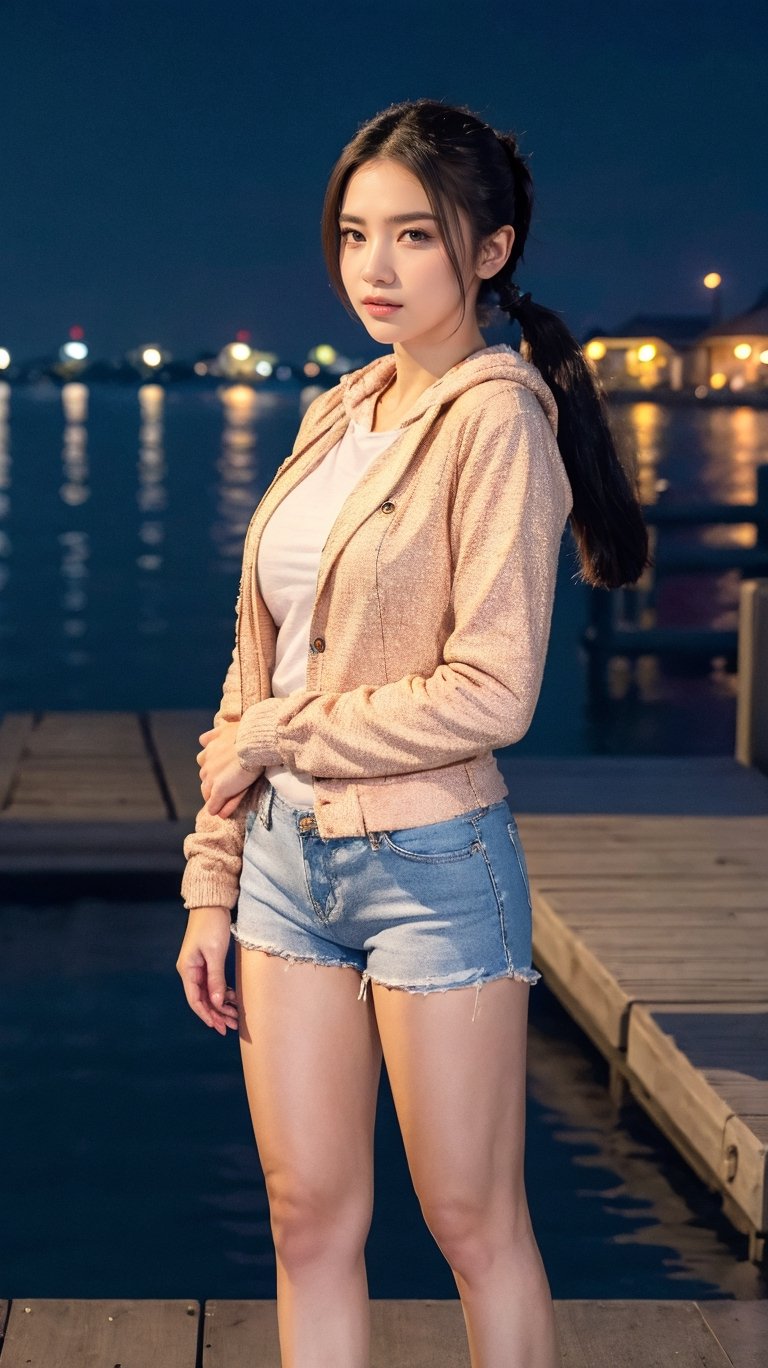 (RAW photo, best quality), (realistic),photo, masterpiece, 1girl,  ponytail, looking at viewer, hoodies, jacket, shorts, at night outdoor, harbor, street, full body, (light smile:0.7),blush, long shot,photorealistic,