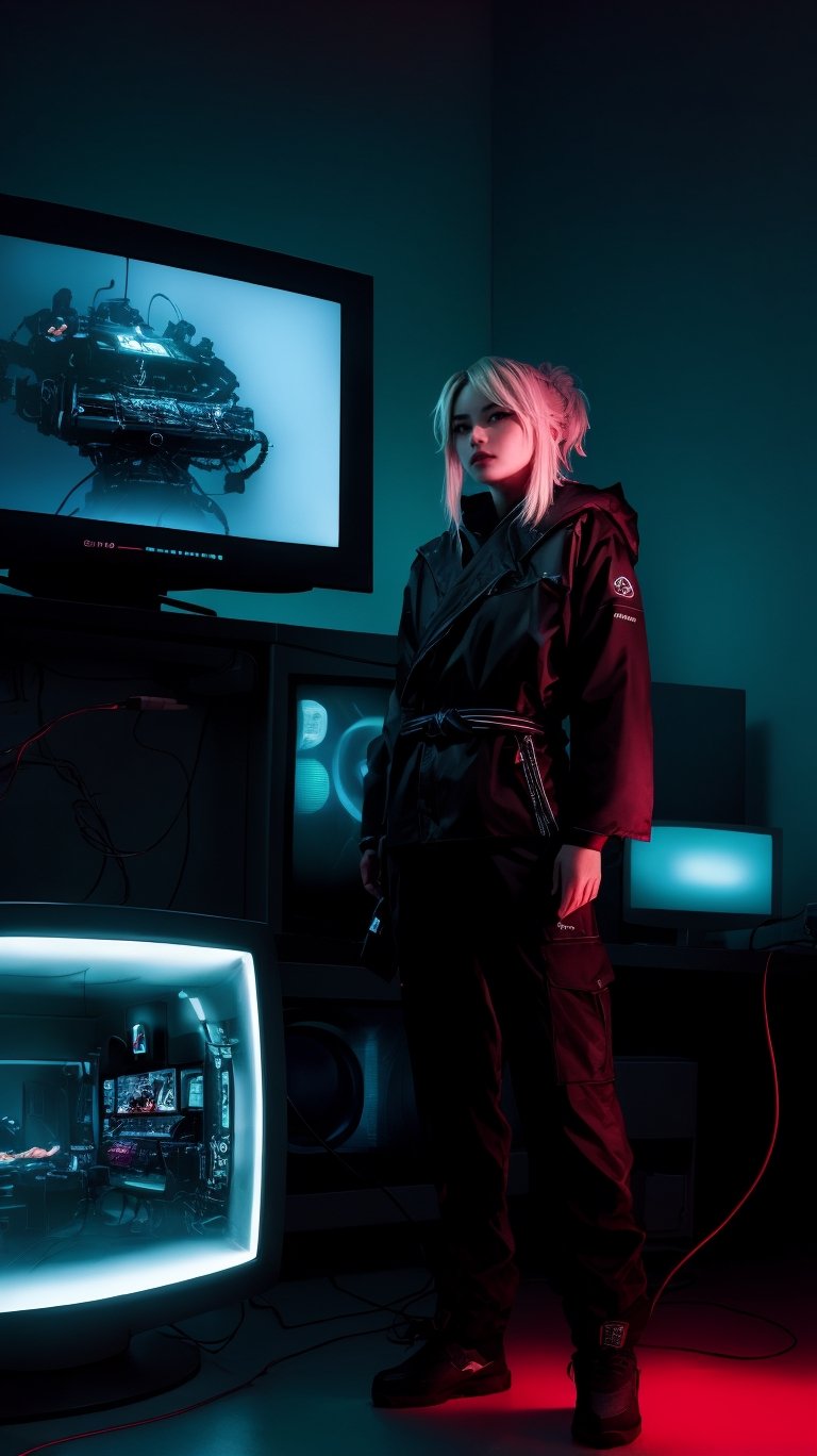 Depressive Machines, 1girl, green lighting, televisions everywhere, cables everywhere, naruko_jutsu_sexy, blonde hair