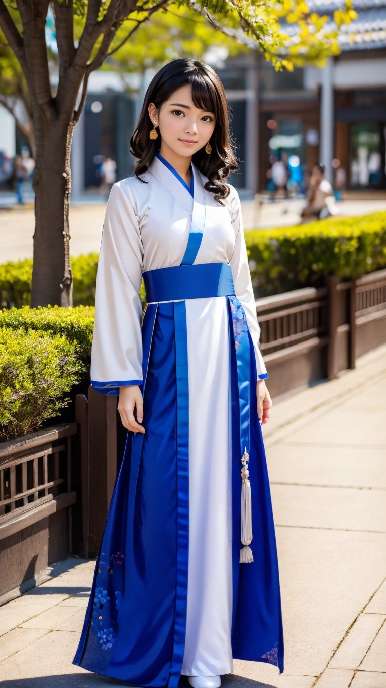 1girl, beautiful face, earrings, (full body portrait photoshot), wearing (hanfu:1.2) up to her chin, short dark hair, (simple plain background),pimple