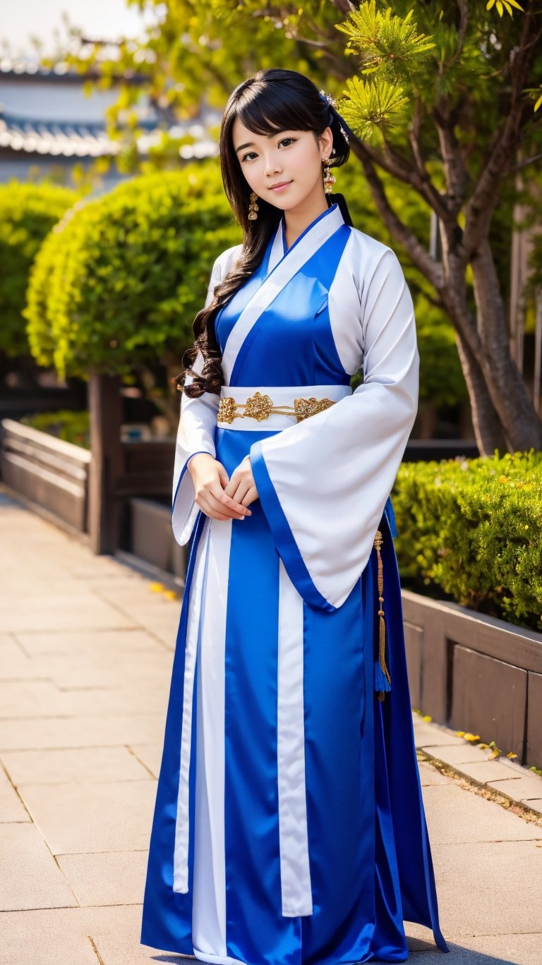 1girl, beautiful face, earrings, (full body portrait photoshot), wearing (hanfu:1.2) up to her chin, short dark hair, (simple plain background),pimple