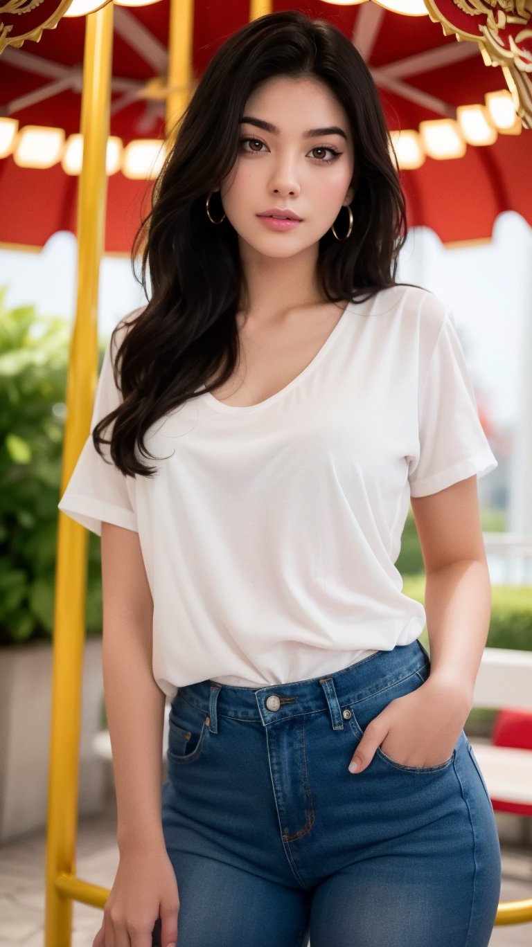 In a vibrant amusement park setting, a stunning 18-year-old Korean girl with beautiful features and striking dark hair (1.2) sits solo on a merry-go-round, her long hair flowing freely past her hips in soft waves. She wears a crisp white t-shirt and short jeans, showcasing her glamor body type. Her eyes, detailed with fine lines and dark in color, sparkle with a subtle eye smile, giving away her nervous and embarrassed demeanor ((nervous and embarrassed)). The lighting casts a warm glow on her delicate facial features, accentuating her calm expression. Simple tiny earrings add a touch of elegance to her masterpiece-like appearance. Captured in sharp focus, the photorealistic image is rendered at 16k resolution, with an ultra-detailed and finely textured finish.