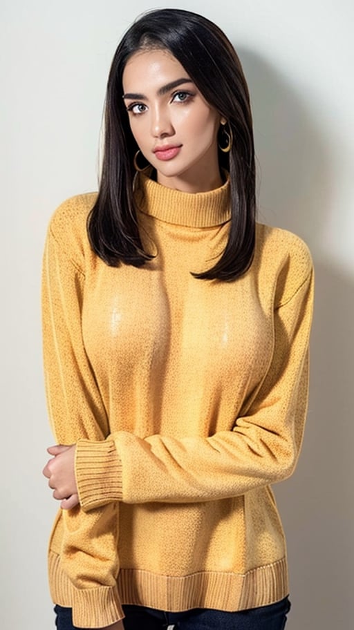 1girl, beautiful face, earrings, (portrait photoshot), wearing (orange turtleneck sweater:1.2) up to her chin, short dark hair, (simple plain background),pimple,Angel